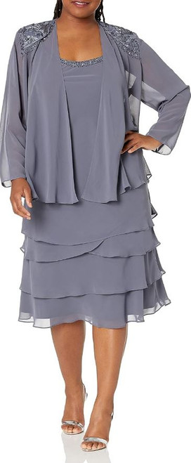 S.L. Fashions Women's Two Piece Embellished Jacket Dress, Steel, 24W