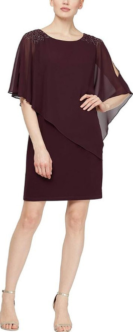 S.L. Fashions Women's Short Sheath Capelet Gown, Asymmetric Overlay, Aubergine, 6