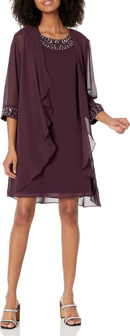 S.L. Fashions Women's Chiffon Tier Jacket Dress, Beaded Neck, Aubergine, 14