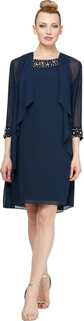 S.L. Fashions Women's Chiffon Tier Jacket Dress, Beaded Neck, Deep Navy, 8