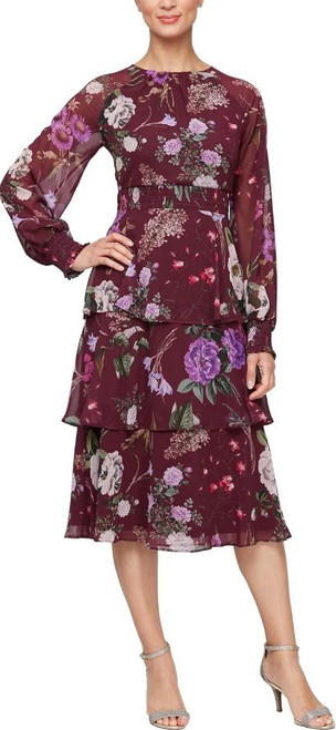 S.L. Fashions Women's Printed Floral Long Cuffed Sleeve, Tiered Hem Cocktail Dress, Fig Multi, 12