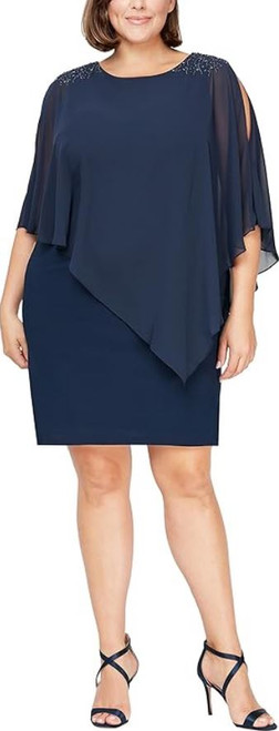 S.L. Fashions Women's Short Sheath Beaded Overlay Capelet Dress, New Navy, 18W