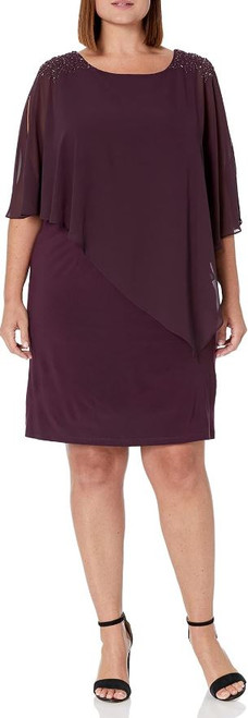 S.L. Fashions Women's Short Sheath Beaded Overlay Capelet Dress, Aubergine, 18W
