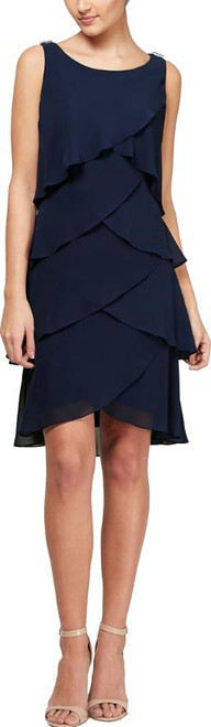 S.L. Fashions Women's Chiffon Tiered Cocktail Dress, Navy, 16