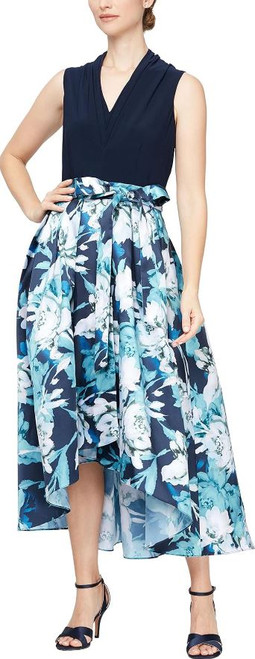 S.L. Fashions Women's Floral High Low Gown with Pockets, Stretch Bodice, Navy Multi, 12P