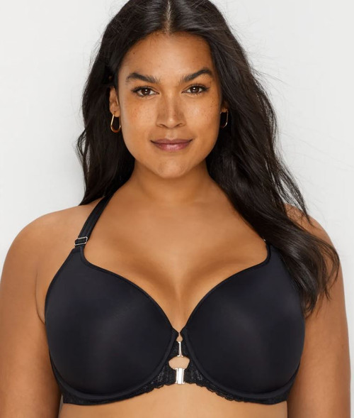Curvy Couture Women's Tulip Front Close Push Up T-Shirt Underwire Bra, Black, 38DD