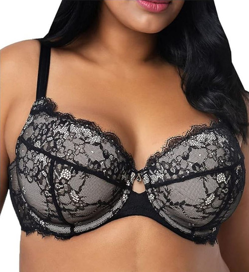 Curvy Couture Women's Plus Size Eternal Eyelash Lace T-Shirt Bra, Black, 40C