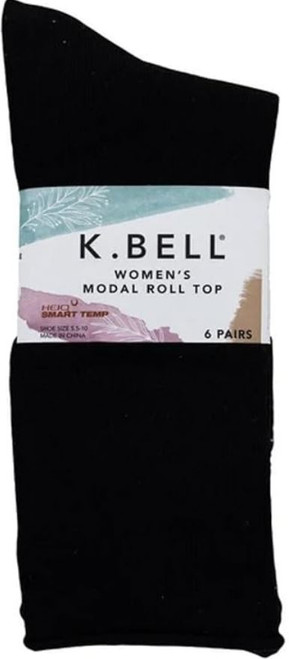K. Bell Women's Modal Roll Top Socks, 6 Pairs, Black, Fits Shoe Sizes 5.5-10