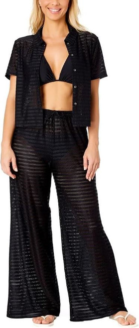 Hurley Women's 2 Piece Crochet Swim Cover Up Set, Short Sleeve Top, Pant, Black, XL