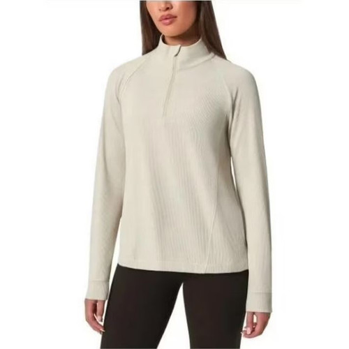 Mondetta Women's Long Sleeve Active Ribbed Quarter-Zip Pullover, Beige, X-Small