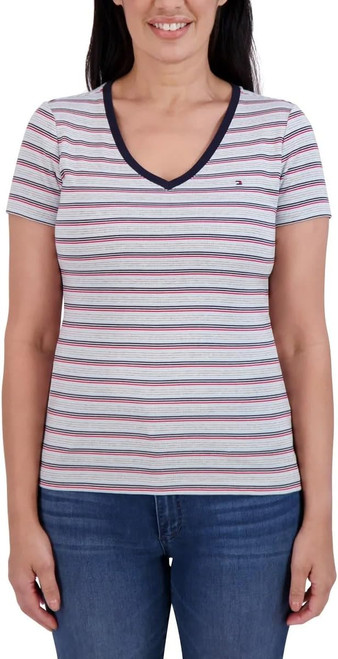 Tommy Hilfiger Women’s V-Neck Tee Embroidered Branded Flag, White, Medium