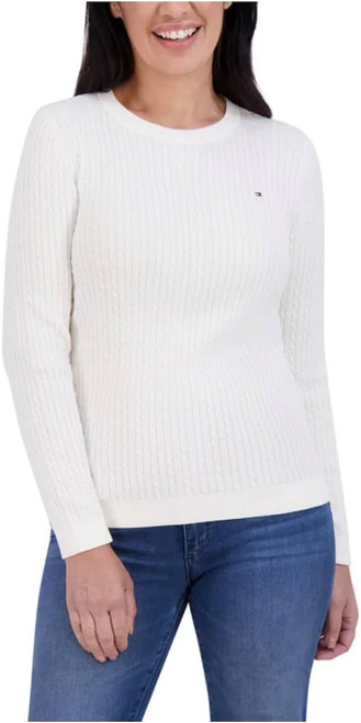 Tommy Hilfiger Women's Long Sleeve Cotton Cable Knit Sweater, White, X-Large