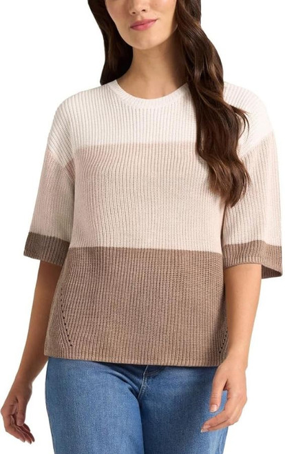 Matty M Women's Colorblock Sweater, Drop Shoulder, Taupe, Medium