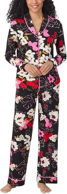 Room Service Women's 2-Piece Shawl Collar Pajama Set, Black Floral, Medium