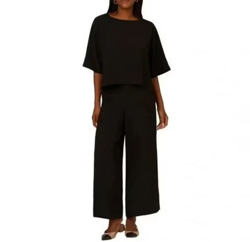 Adrianna Papell Women's Wide Leg Crop Pants & Shirt Set, Black, Large