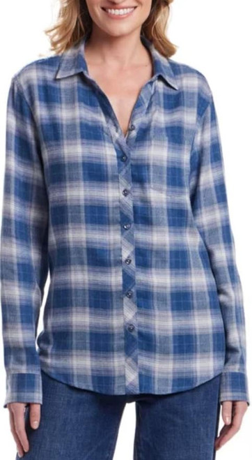Weatherproof Vintage Women Classic Fit Long Plaid Flannel Shirt, Blue, Large