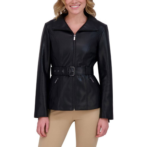 Kenneth Cole Women's Belted Faux Leather Jacket, Black, X-Small