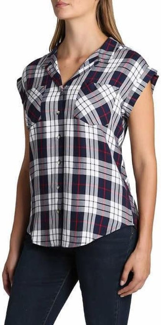 J.A.C.H.S. Women's V-Neck Collar Short Sleeve Blouse, Navy, 2X-Large