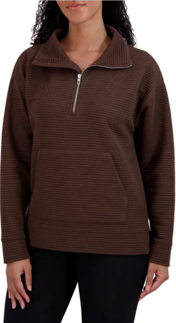 Kirkland Signature Women's Ottoman Half-Zip Ribbed Sweatshirt, Brown, Small