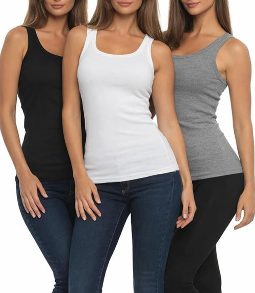 Felina Women's 3 Pack Ribbed Tank Tops, White-Gray-Black, Small
