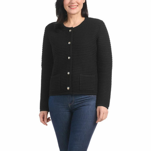 Hilary Radley Women's Textured Knit Cardigan Sweater, Black, Large