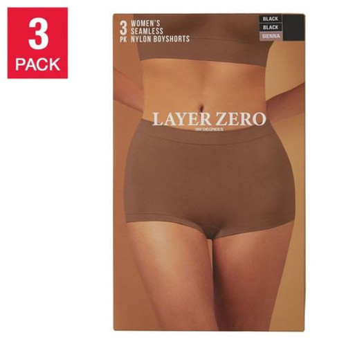 32 Degrees Layer Zero 3Pack Seamless Nylon Boyshort, Black/Black/Sienna, Large