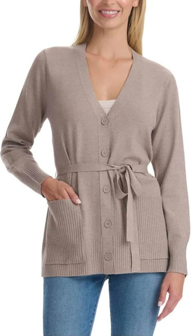 Splendid Women's Belted Button Front Long Sleeve Cardigan, Taupe, Large