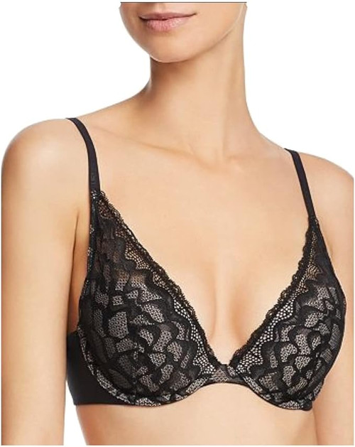Calvin Klein Women's Perfectly Fit Etched Lace Lightly Lined Plunge Bra, Black 36B