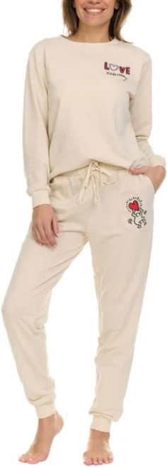 Keith Haring Women's 2 Piece Super Soft Fleece Lounge Pajama Set, Beige, X-Small