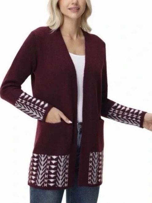 Frye The Cozy Cardigan Sweater Geometric Boarder Pattern, Oxblood Combo, Medium