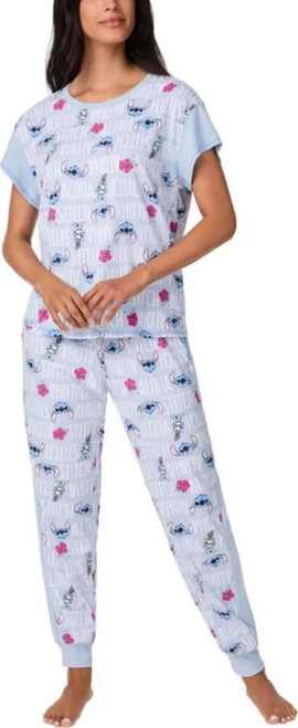 Disney Stitch Women's 2 Piece Ribbed Lounge Pajama Set, Blue, Medium