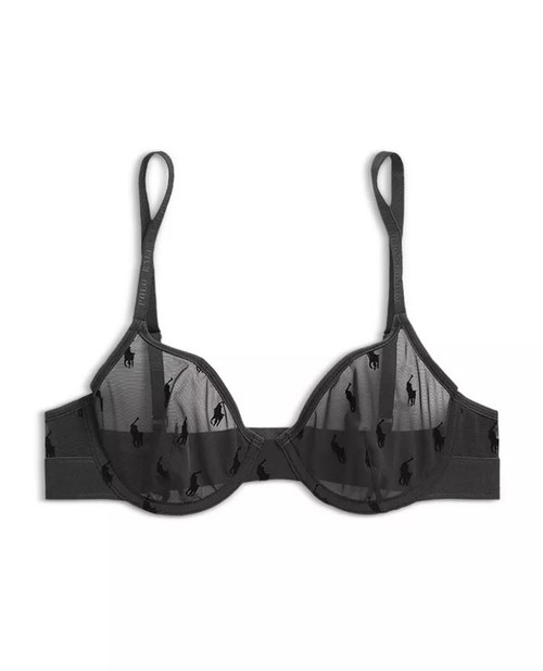 Polo Ralph Lauren Flocked Pony Mesh Underwire Demi Bra, Black, 34D