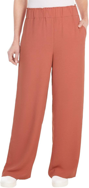 Hilary Radley Women's Wide Leg Crinkle Pants with Elastic Waistband, Red, Small