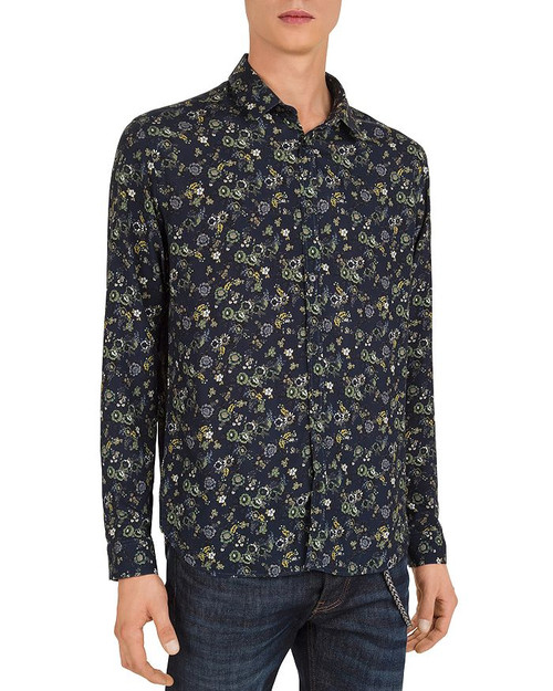 The Kooples Dark Flowers Slim Fit Button-down Shirt,Dark Navy/Camel, M
