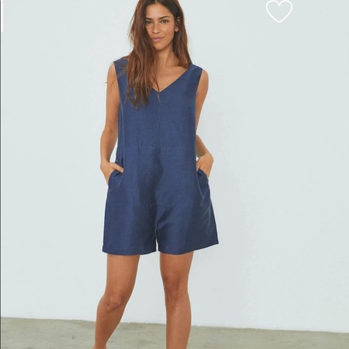 Lunya Resort Linen Silk Romper, Navy, Small