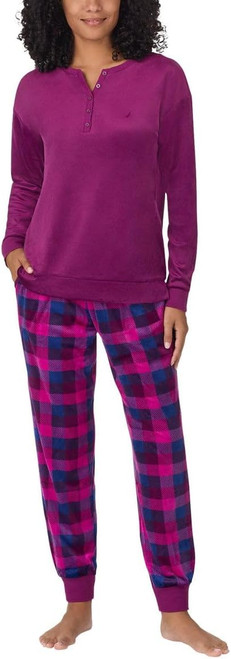 Nautica Women's 2 Piece Fleece Pajama Sleepwear Set, Purple Plaid, Medium