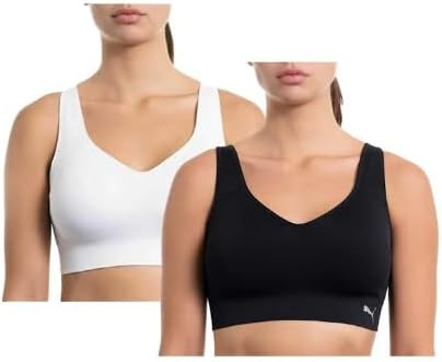 PUMA 2 Pack Seamless Sports Bra Wire Free Pull on, Black & White, X-Large
