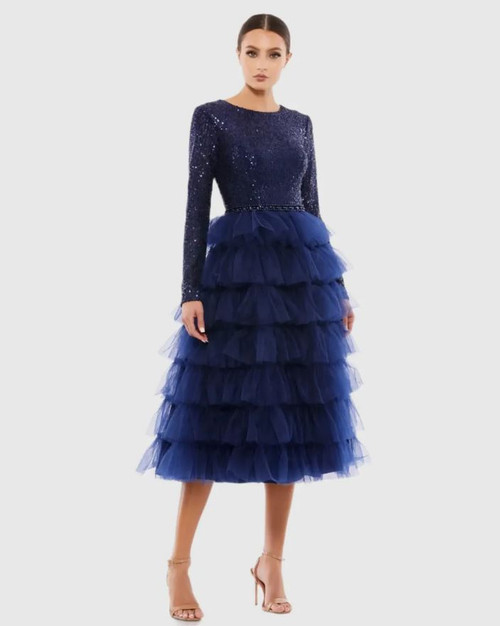 Ieena Mac Duggal Navy Long Sleeve Ruffle Tiered Midi Dress, Navy, 8