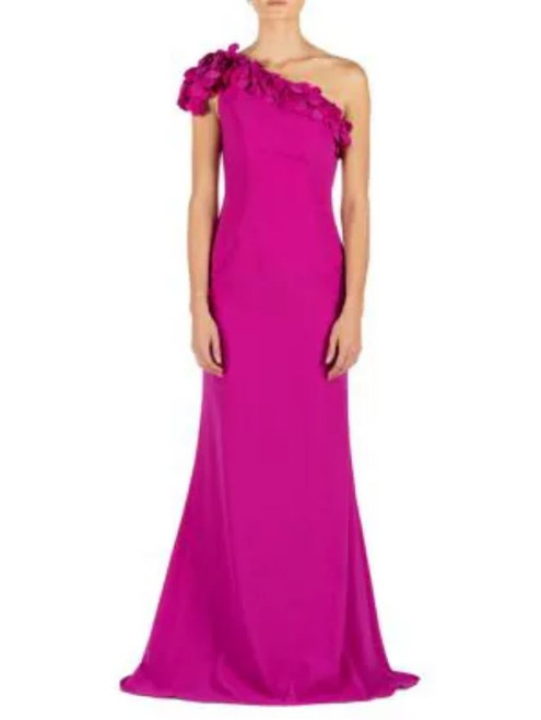 Rene Ruiz 3D Floral​ Appliqué One Shoulder Neckline Gown, Fucshia, 18