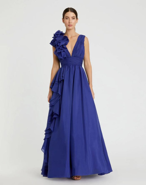 Mac Duggal Ruffle Shoulder, V-Neck, Chiffon Gown, Cobalt, 10