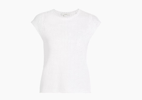 Vince Mesh Stitch Crewneck Blouse, Cap Sleeves, Off White, Small