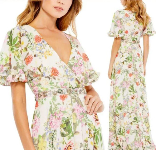 Mac Duggal Floral Print, Faux Wrap Flutter Sleeve A-Line Gown, Floral Multi, 2