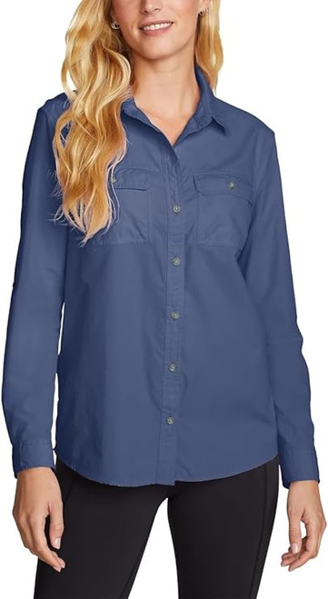 Eddie Bauer Womens Lightweight Long Sleeve Ripstop Mountain Shirt, Blue Medium