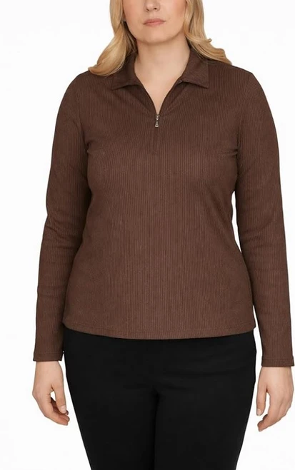 Greg Norman Women's Long Sleeve Ribbed 1/4 Zip Top, Brown, X-Small