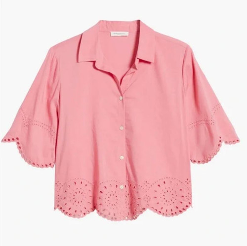 Beach Lunch Lounge Women's Blue Clo Eyelet Border Button Up Shirt, Frozen Rasberry, X-Large
