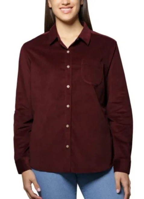 J.A.C.H.S. Women's Collared Long Sleeve Velvet Shirt, Red, 2X-Large