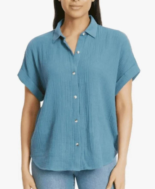 Jessica Simpson Gauze Women's Button-Down Short Sleeve Shirt, Blue, Medium