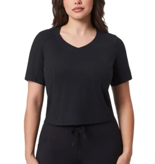 Mondetta Women's Ribbed V-Neck Short Sleeve Top, Black, X-Large