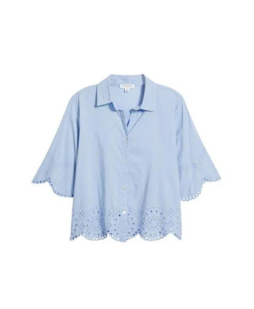 Beach Lunch Lounge Women's Blue Clo Eyelet Border Button Up Shirt, Azure Bliss, Small