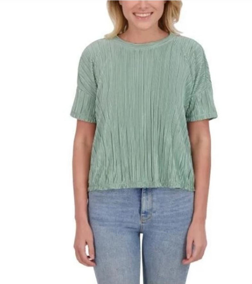 Andrew Marc Women's Short Sleeved Plisse Blouse, Moss, Small